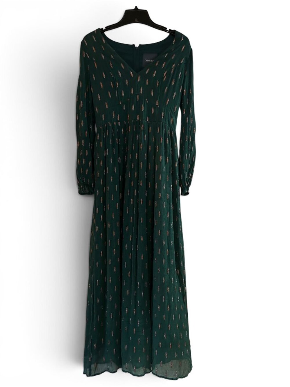 ModCloth Green Long Sleeve Maxi Dress V-Neck Sparkle Design Boho Small NEW
